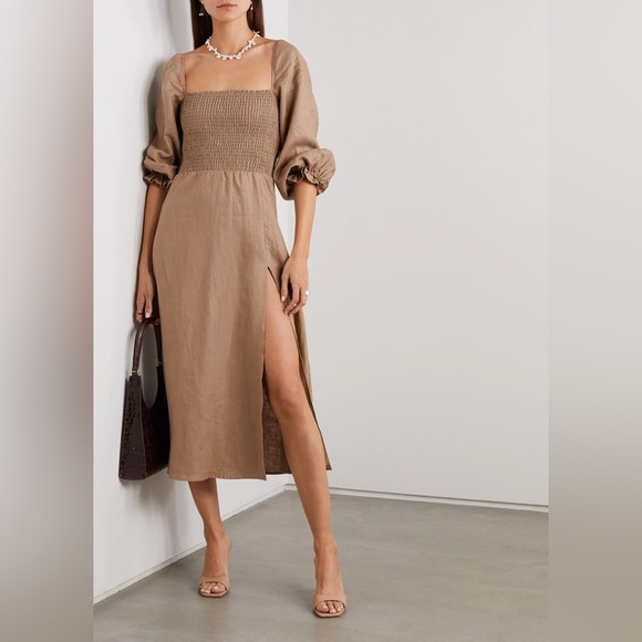 Reformation 100% Linen Hyland Smocked Dress Sz S Tan Beige